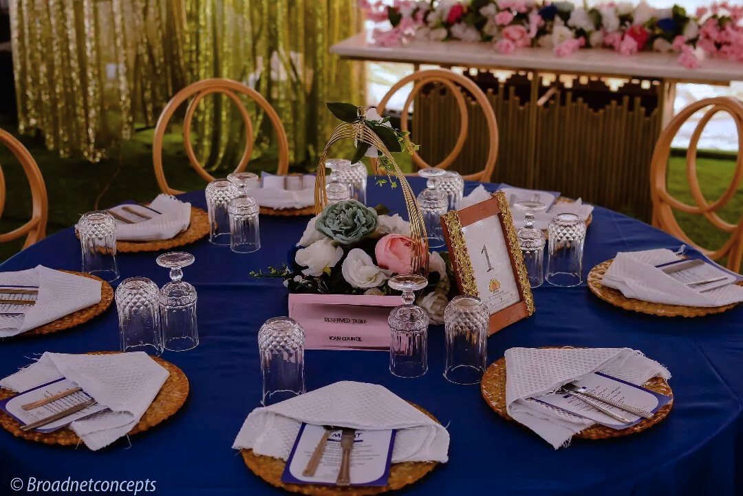 ICAN corporate council dinner with blue decor and gala table settings in Lagos