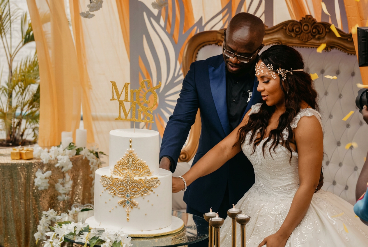 Newlyweds cutting a white wedding cake — Lagos Nigeria wedding by 2A'S Events